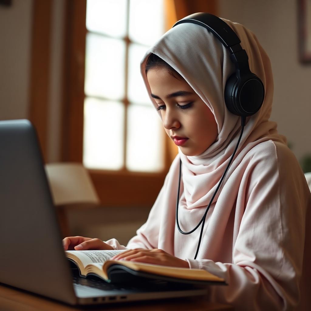 Muslim girl in hijab reading Quran during an online class