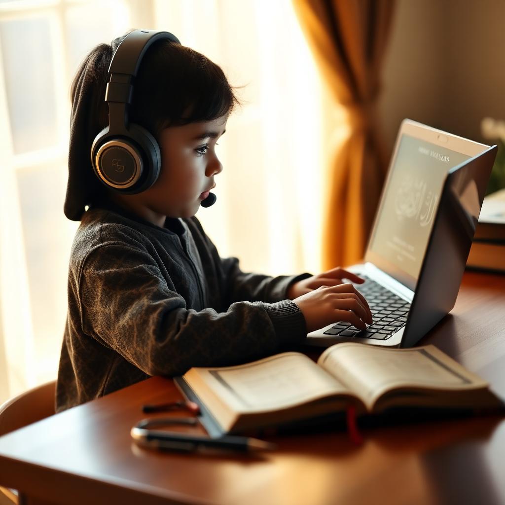 Young child learning Quran online with headphones