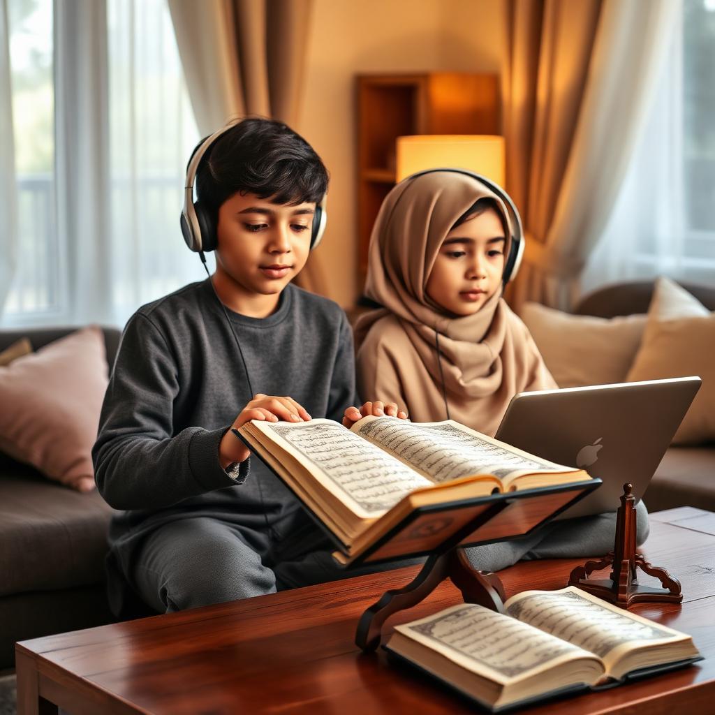 Siblings learning Quran online together with headphones