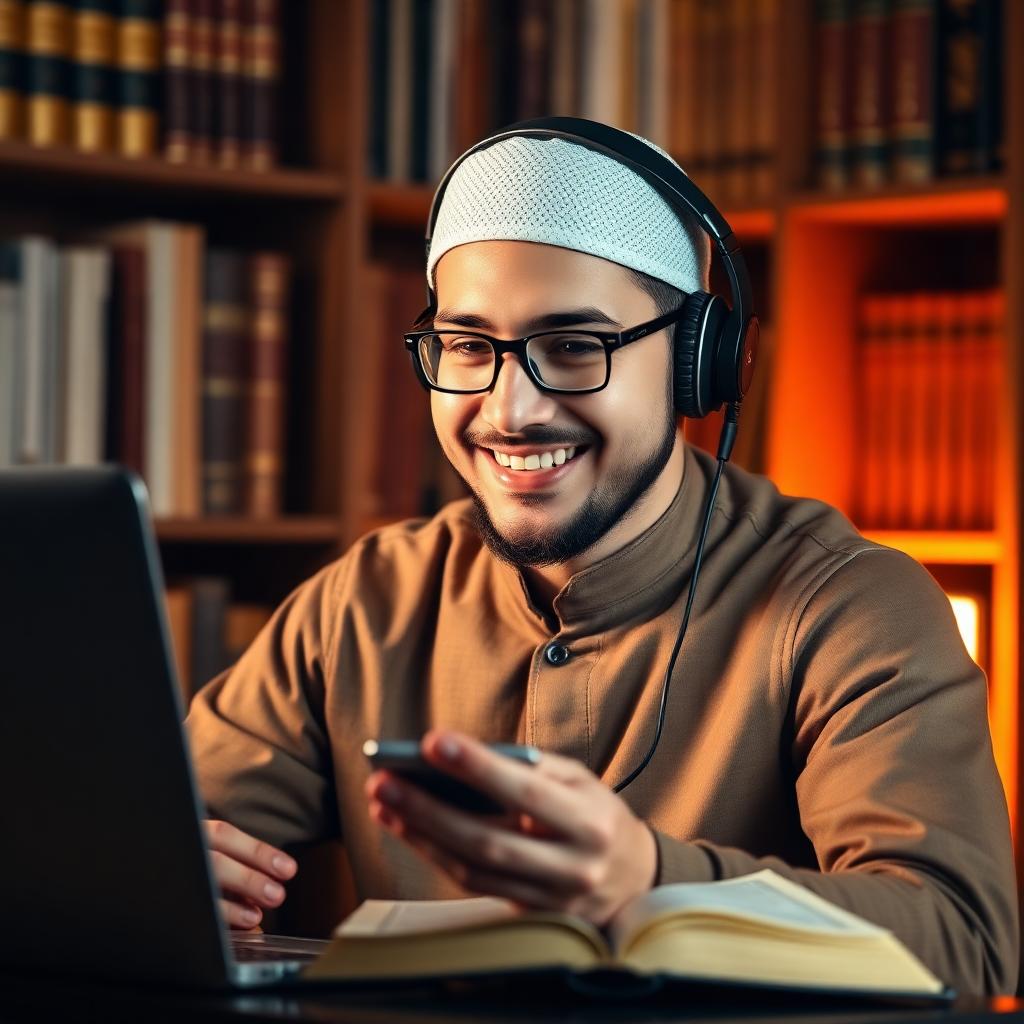 Qualified Quran teacher teaching online from a laptop